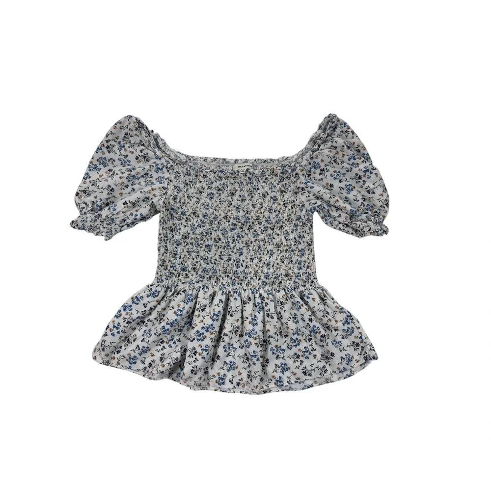 Max Studio Floral Smocked‎ Peplum Top Blue White Puff Sleeve Mens M